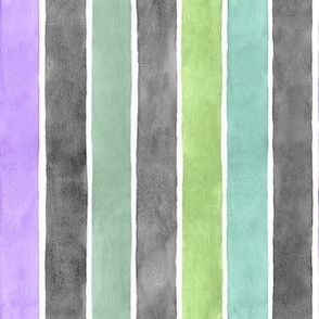 Halloween Monster Watercolor Broad Stripes Vertical - Small Scale - Purple, Green, Black and Grey Gray