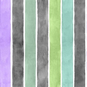 Halloween Monster Watercolor Broad Stripes Vertical - Medium Scale - Purple, Green, Black and Grey Gray