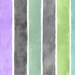 Halloween Monster Watercolor Broad Stripes Vertical - Large Scale - Purple, Green, Black and Grey Gray