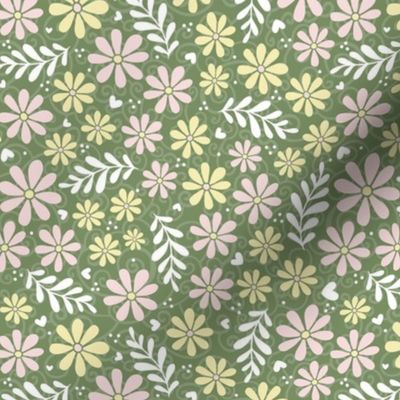 Medium Scale Piglet Pink and Butter Yellow Daisy Flowers on Moss Green