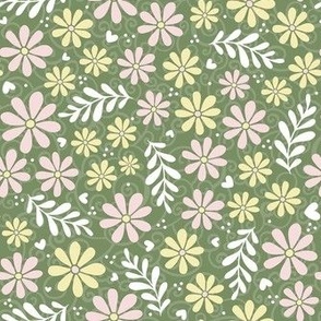 Medium Scale Piglet Pink and Butter Yellow Daisy Flowers on Moss Green
