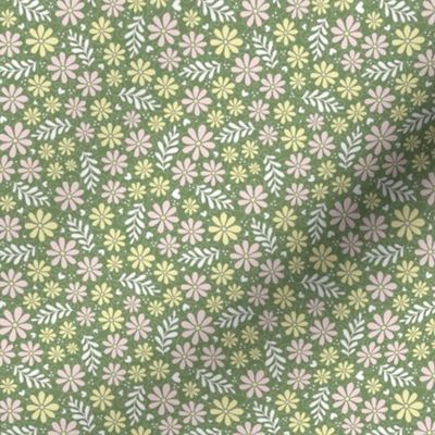 Small Scale Piglet Pink and Butter Yellow Daisy Flowers on Moss Green
