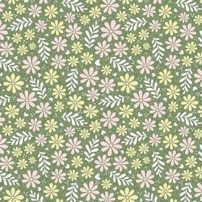 Small Scale Piglet Pink and Butter Yellow Daisy Flowers on Moss Green