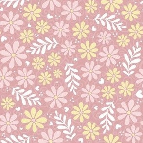 Medium Scale Piglet Pink and Butter Yellow Daisy Flowers on Dusty Mauve