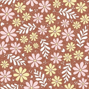 Large Scale Piglet Pink and Butter Yellow Daisy Flowers on Amaro Brown