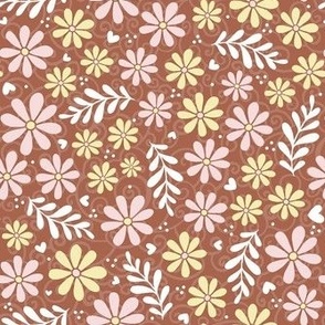 Medium Scale Piglet Pink and Butter Yellow Daisy Flowers on Amaro Brown