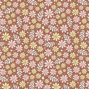 Small Scale Piglet Pink and Butter Yellow Daisy Flowers on Amaro Brown