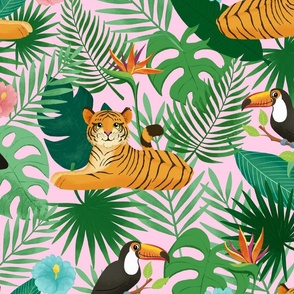 Jungle Tiger and Toucan - pink - large