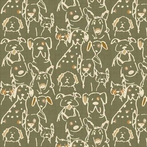 Neutral Pop Doodle Dogs, Mid Century Olive, HALF DROP 3x6 inch repeat scale