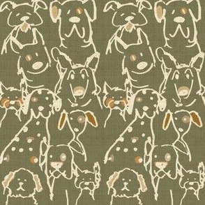 Neutral Pop Doodle Dogs, Mid Century Olive, STRAIGHT REPEAT, 3x6 inch repeat scale