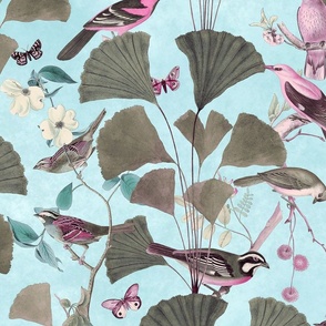 Bird And Leaf Vintage Botanical Pattern Pastel Teal And Pink