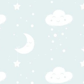 Kids Room Wallpaper Moon and Clouds Mint