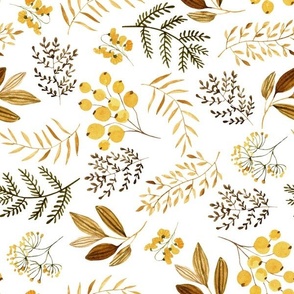 Mustard Floral, Yellow, Bronze + Gold Flowers, Leaves and Branches Fabric (floral 4) ROTATED