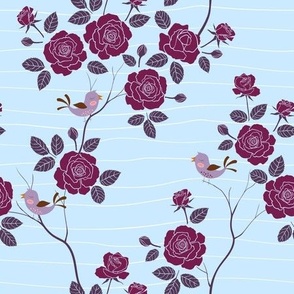 Lilac Folk Birds on Burgundy Rose Branches