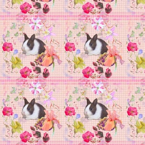 8x8-Inch Repeat of Spring Wreath on Blush-Pink with Baby Rabbit and Pink Stripes