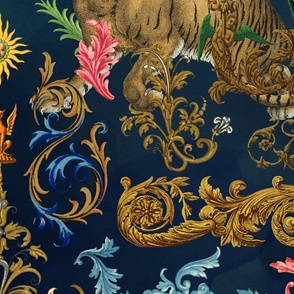 Vintage Baroque Bohemian Elegance With Tiger On Navy Blue