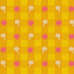 Yellow and mustard gingham plaid with pink and cream mushrooms