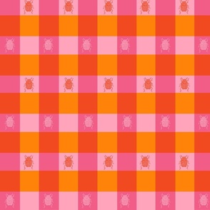 Pink and orange gingham plaid with pink and orange beetles