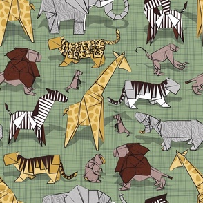 Normal scale // Origami safari animalier // sage green linen texture background yellow giraffes