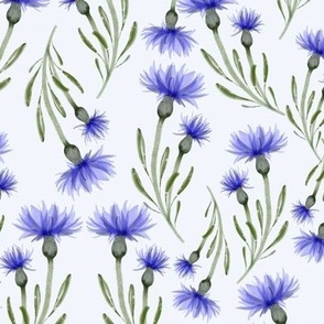 Cornflower in Periwinkle||20x20||watercolor style, shades of blue and purple, sage green leaves on crisp white background