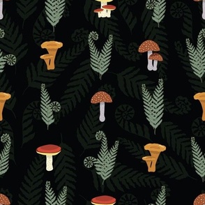 Ferns and mushrooms on darkest green