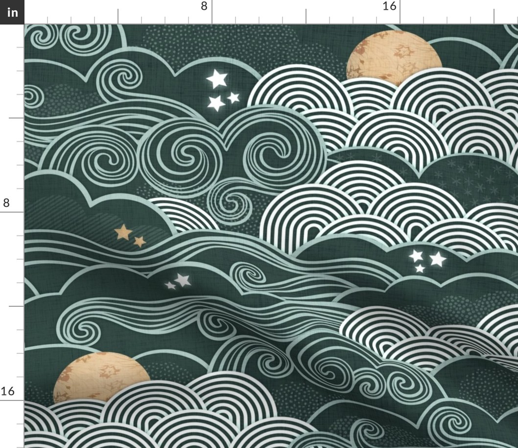 Cozy Night Sky Jasper Green Large- Full Moon and Stars Over the Clouds- Dark Green- Emerald- Relaxing Home Decor- Moody Wallpaper Large Scale