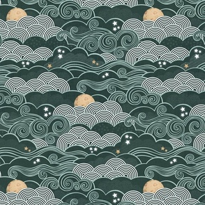 Cozy Night Sky Jasper Green Small- Full Moon and Stars Over the Clouds- Dark Green- Emerald- Relaxing Home Decor- Moody Wallpaper Large Scale