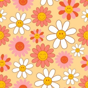 retro smiling flowers on a yellow background