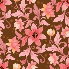 Pink and Peach Art Nouveau Floral on Brown
