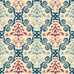 Weathered Blue and Rust Spiral Damask