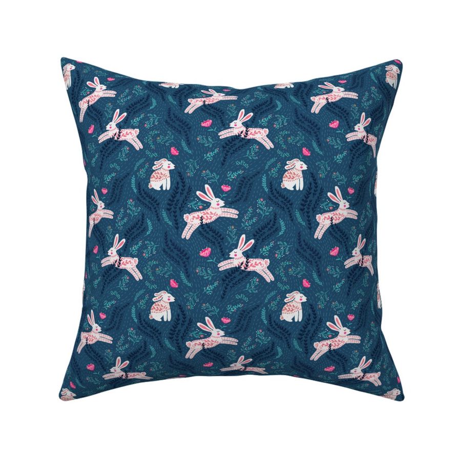 [small] Folk Bunnies and Flowers - dark blue green