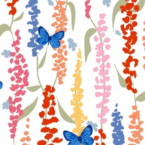 Colorful wild flowers on a  fresh white background with butterflies - large scale