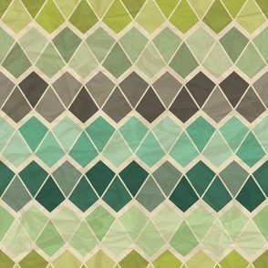 Modified Harlequin Mosaic Tiles in Green, Turquoise, and Brown