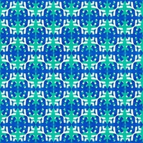 Batik Block Print Fishbones in Blue, Green and White