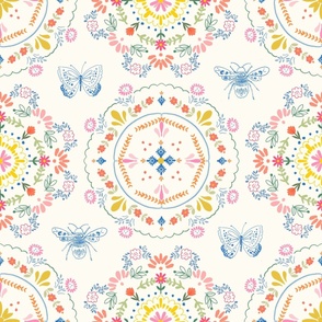 Floral Mandala with Butterflies and Bees, large scale floral, yellow blue pink orange cream ©Terri Conrad Designs