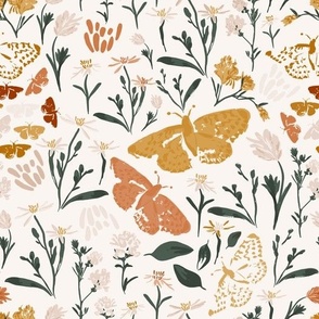 Boho Butterfly Floral (Cream) (12" Wallpaper) (10.5" Fabric)