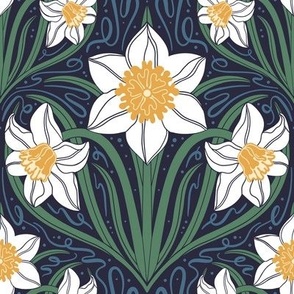 Garden Daffodil // Medium in Midnight Blue //  Art Nouveau Night Floral