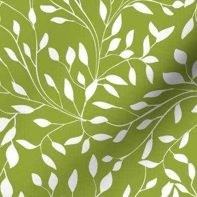Delicate Leafy Vines in White on Titanite Green - Coordinate
