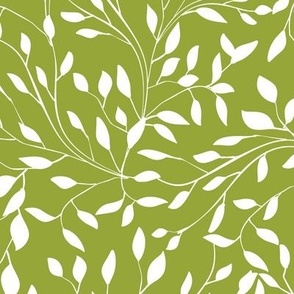 Delicate Leafy Vines in White on Titanite Green - Coordinate