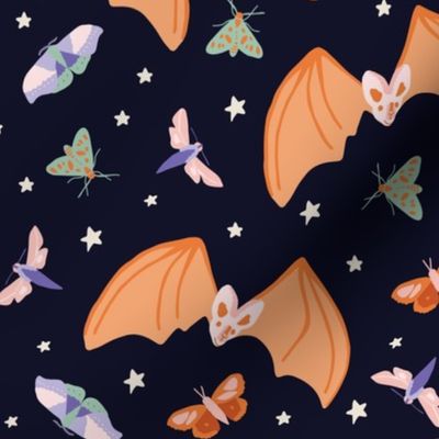 Magical ghost bats pretty moths butterflies in pastels dark night sky