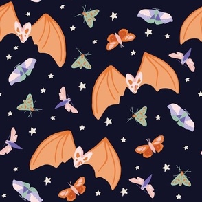 Magical ghost bats pretty moths butterflies in pastels dark night sky