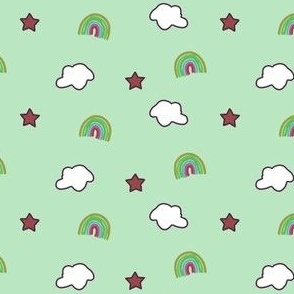 Rainbows, clouds,  and red stars on pale green