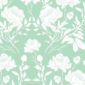 Mint Green Peony Elegance - Serene Floral Silhouette Pattern