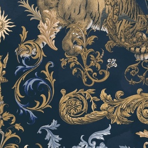Vintage Baroque Bohemian Elegance With Tiger In Sepia And Blue