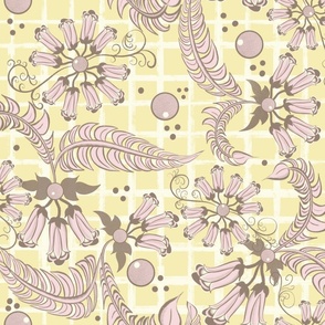 Feathers and flowers in butter and piglet on white lined yellow background