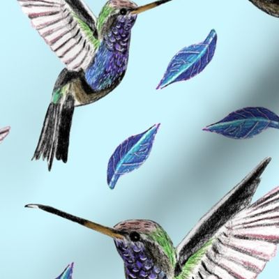 Seamless pattern with flying hummingbirds and leaves, hand drawn with colored pencils on paper 1