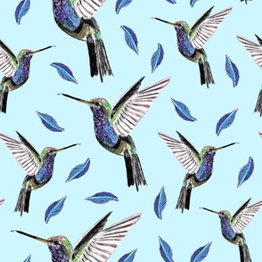 Seamless pattern with flying hummingbirds and leaves, hand drawn with colored pencils on paper 1