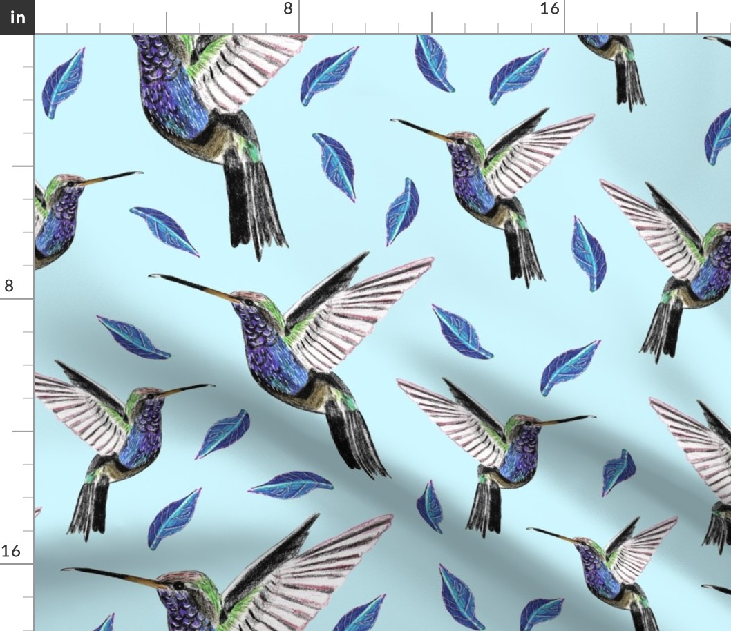 Seamless pattern with flying hummingbirds and leaves, hand drawn with colored pencils on paper 1