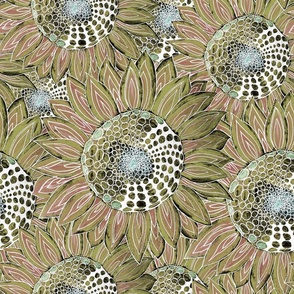 Seamless pattern with large buds of sunflowers, hand-drawn with colored pencils on paper 1