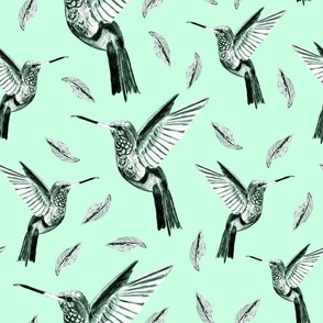 Seamless pattern with flying hummingbirds and leaves, hand drawn with colored pencils on paper 2